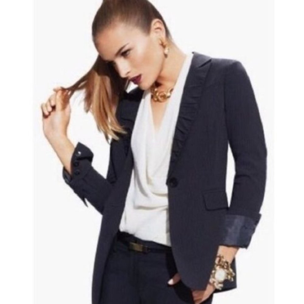 CAbi Pinstripe Blazer Black Ruched Lapels Mob Boss‎ Single Button Style 601